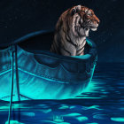 Tiger resting in boat on luminescent blue waters in dark cave