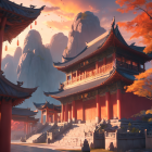 Colorful digital artwork: Asian pagoda & mystical mountain scenery