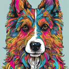 Vibrant digital artwork: Rainbow dog with realistic gaze on teal background