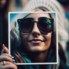 Smiling woman with sunglasses and beanie holding framed photo