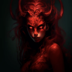 Demonic figure with red skin and horns on dark backdrop