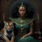 Regal woman in green attire with tiger on dark textured backdrop