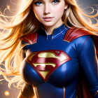 Young girl in Supergirl costume with 'S' shield, red cape, and golden hair