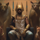 Egyptian Pharaoh in Royal Attire with Cats in Throne Room