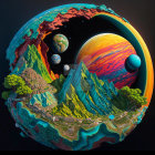 Colorful surreal landscape in spherical form with mountains, trees, and outer space.