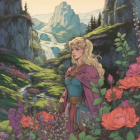 Blond-haired elven warrior in armor among vibrant flowers and misty mountains