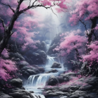 Tranquil digital artwork: cascading waterfall with pink and purple foliage