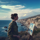 Man in wide-brimmed hat gazes at ocean waves on rocky coast