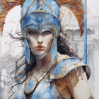 Fictional warrior woman in blue and gold armor with spear against ancient architecture