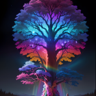 Colorful Tree Illustration with Rainbow Canopy in Starry Night Sky