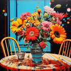 Colorful Flower Arrangement in Clear Vase on Colorful Table