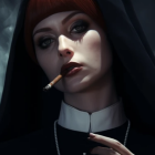 Woman in nun costume with red bob smoking cigar in smoky setting