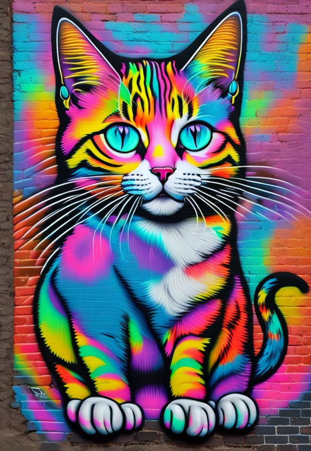 Colorful graffiti of multicolored cat with blue eyes on brick wall