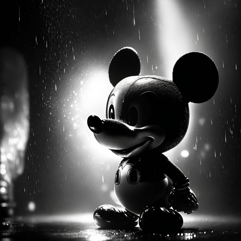 Monochrome Mickey Mouse figurine in simulated rain with spotlight.