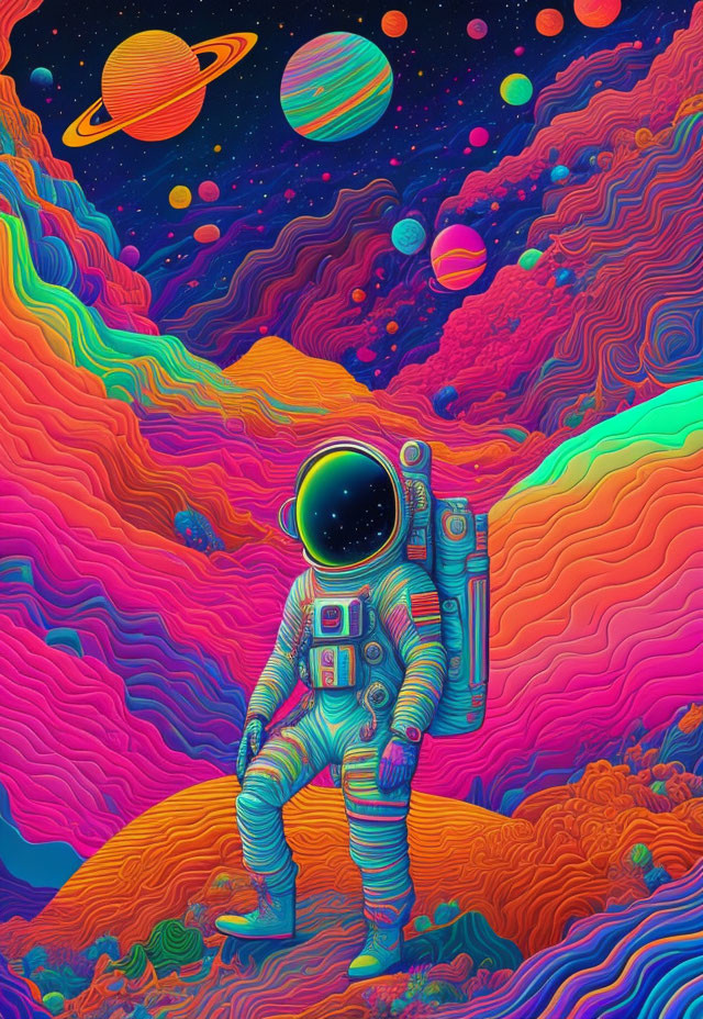 Detailed astronaut in vibrant, alien landscape with surreal planets