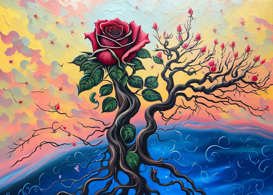 Vivid painting of rose on twisting tree with day-night sky backdrop