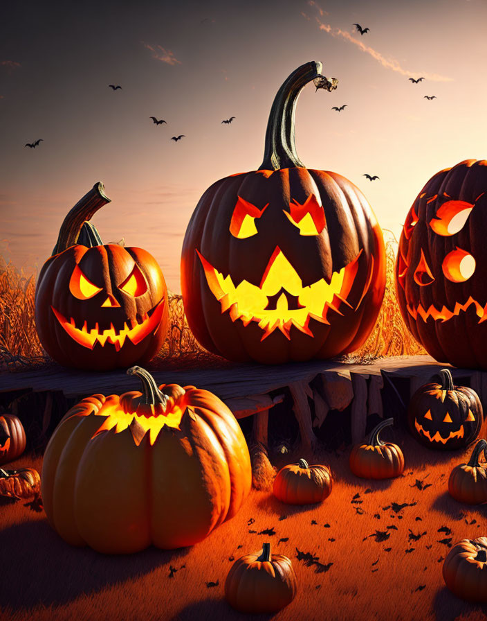 Glowing Halloween pumpkins with carved faces at dusk with flying bats