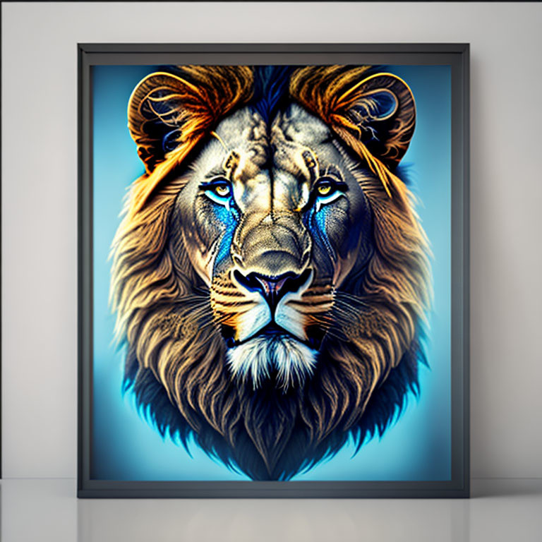 Vivid Blue Lion Artwork with Intricate Mane on White Background