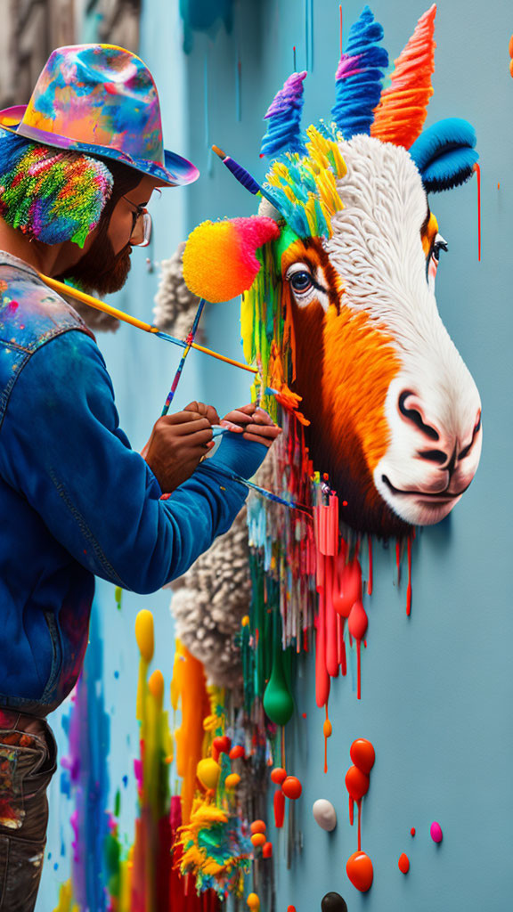 Colorful mural of artist painting vibrant sheep in splattered paint