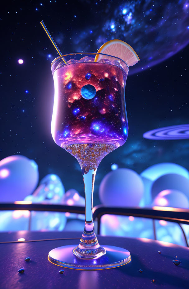 Cosmic-themed cocktail with galaxy swirl and orange slice in celestial setting