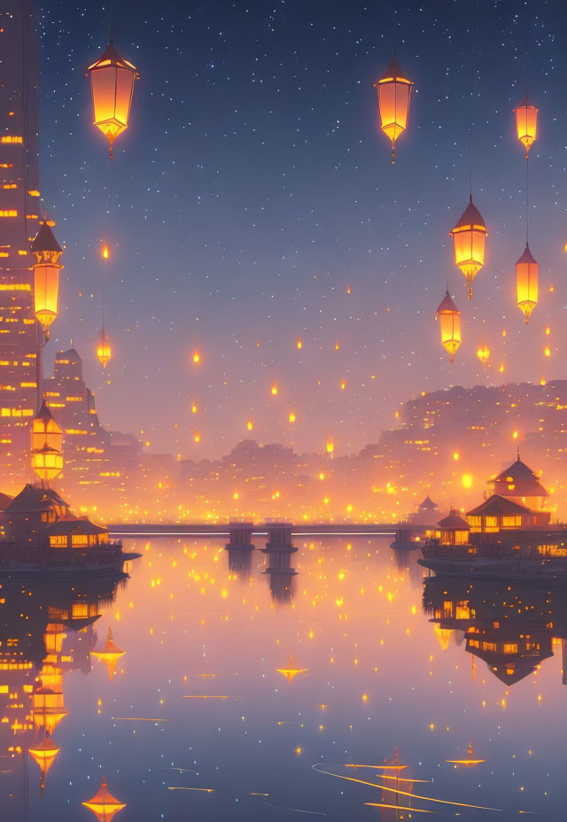 Floating lanterns light up mystical cityscape on tranquil water