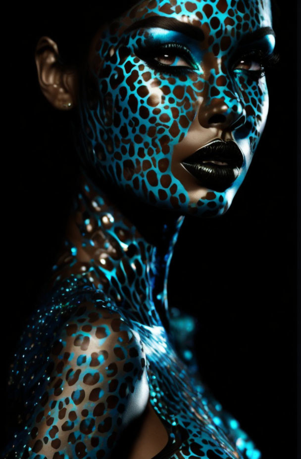 Blue and black spotted body paint on a woman under dramatic lighting