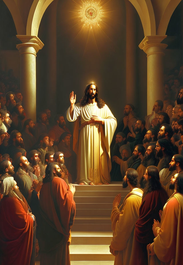 Religious painting of Jesus Christ speaking in grand hall