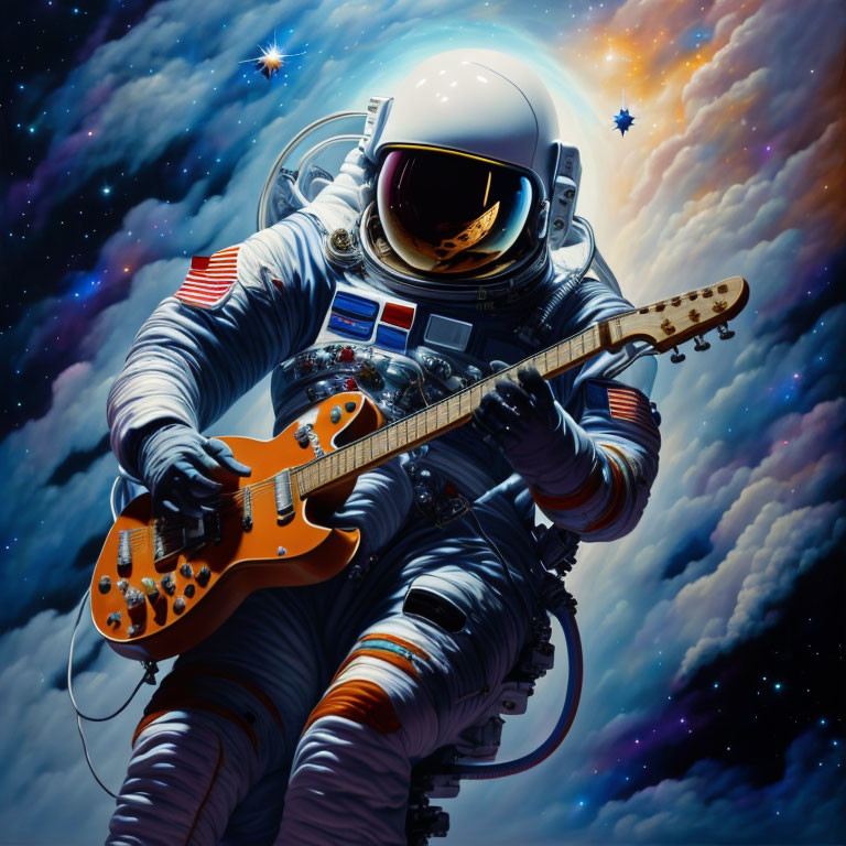 Astronaut in spacesuit playing electric guitar in cosmic setting