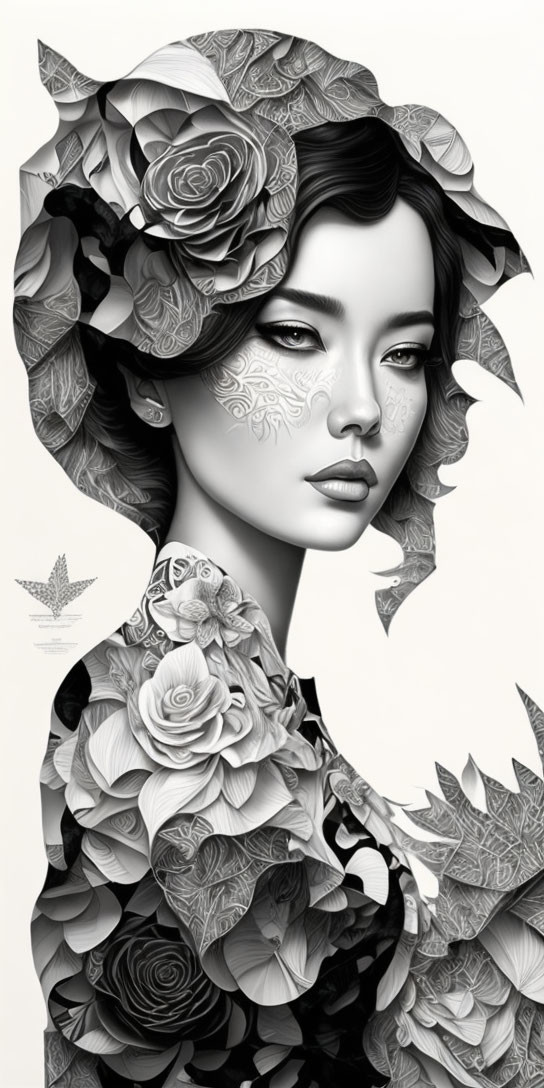 Monochromatic artwork: Woman with floral patterns in hair, clothing, and skin