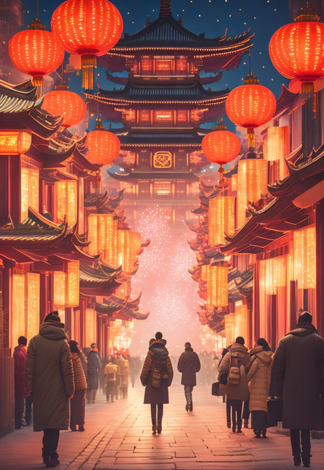 Traditional building with red lanterns, people walking, fireworks in the background