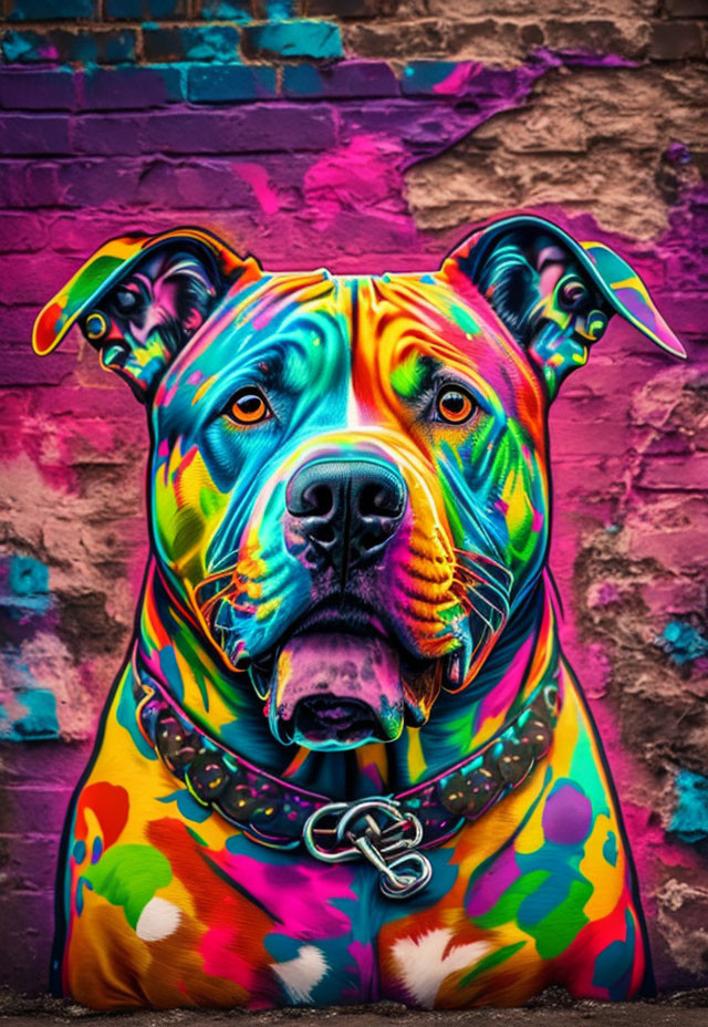 Colorful Psychedelic Dog Art Against Brick Wall Background