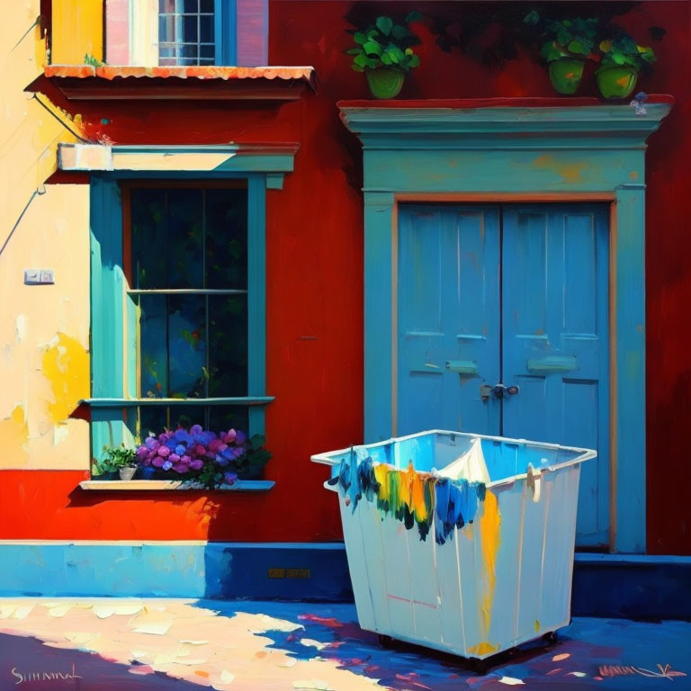 Colorful painting of red wall, blue door, green shutters, flowers, and paint marks.