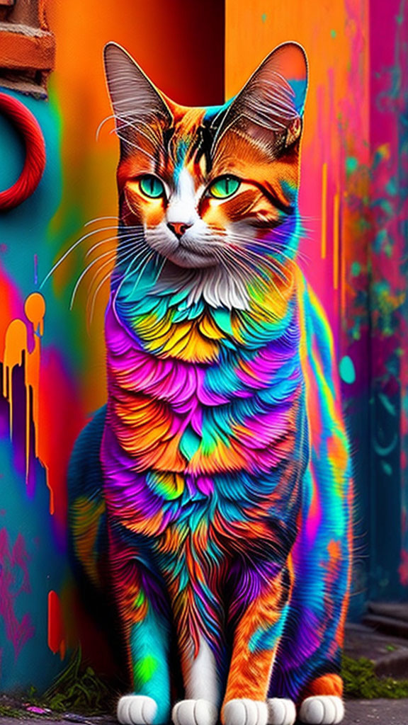 Colorful Cat Sitting in Front of Graffiti Wall