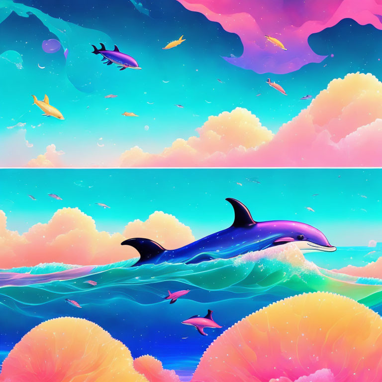 Colorful surreal illustration: Dolphins in sky and ocean