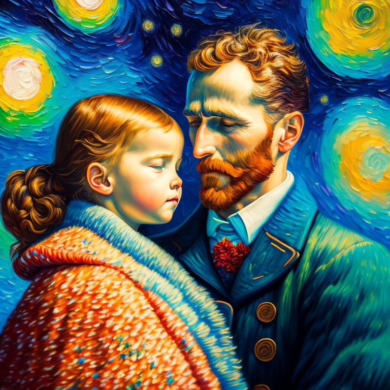 Vibrant painting of bearded man and girl in embrace with Van Gogh's swirling motif