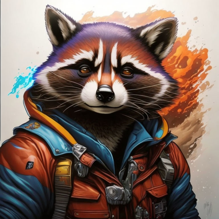 Colorful Astronaut Raccoon Illustration with Abstract Background