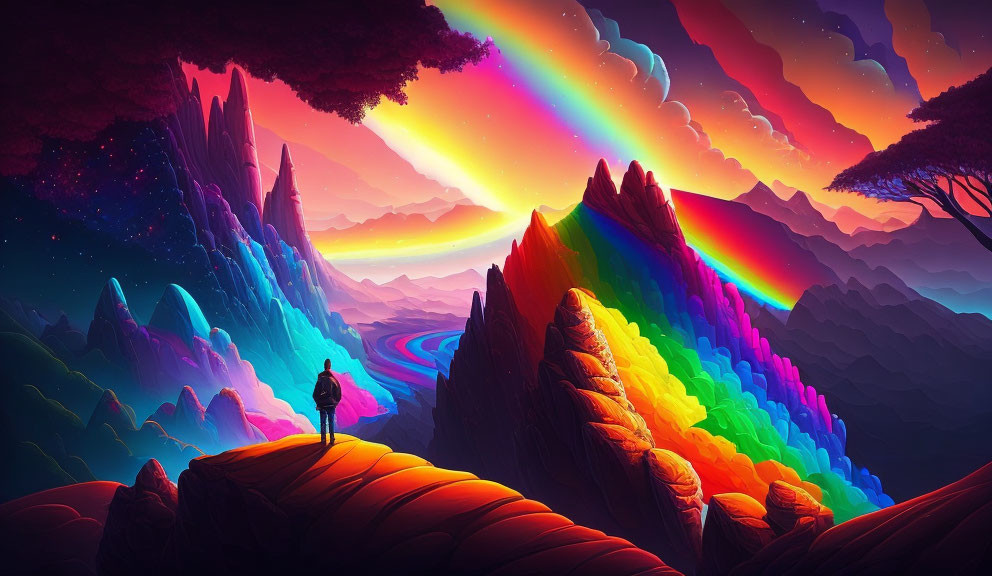 Person admiring vibrant multicolored mountains and rainbow sunset.