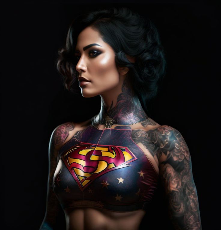 Woman with Superman logo chest tattoo and other tattoos on dark background