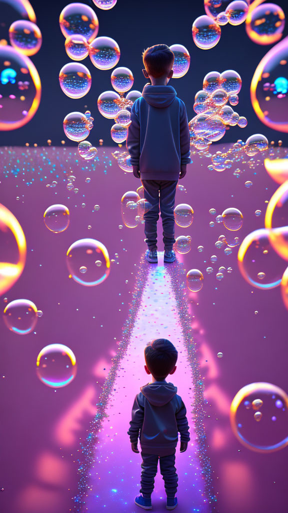 Child in Hoodie on Glowing Pathway Surrounded by Bubbles in Purple Setting