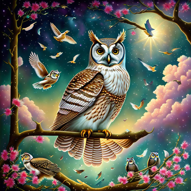 Illustration of owl on branch with pink flowers in starry night