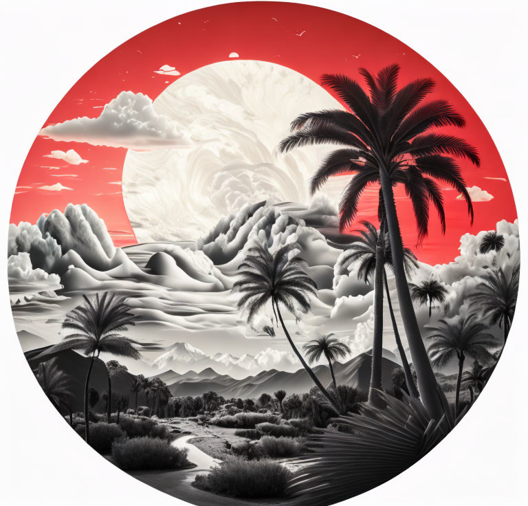 Red and grayscale tropical landscape with palm trees, mountains, clouds, and celestial body