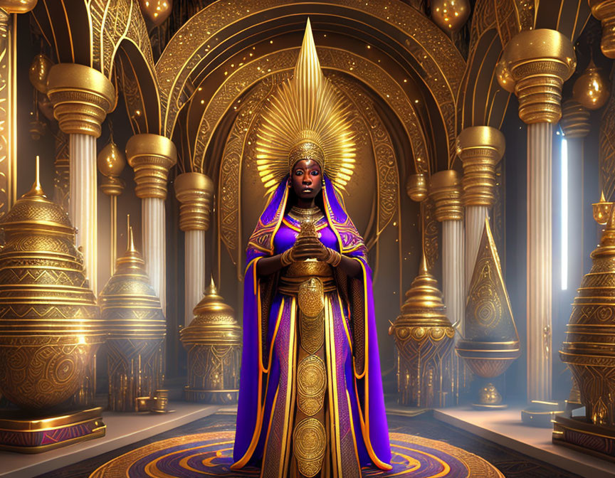 Regal figure in purple and gold robes in palatial interior