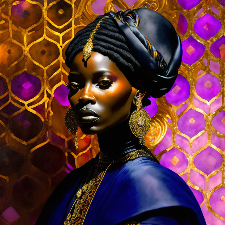 Woman portrait with elaborate head wrap, golden makeup, large earrings, on golden-purple backdrop