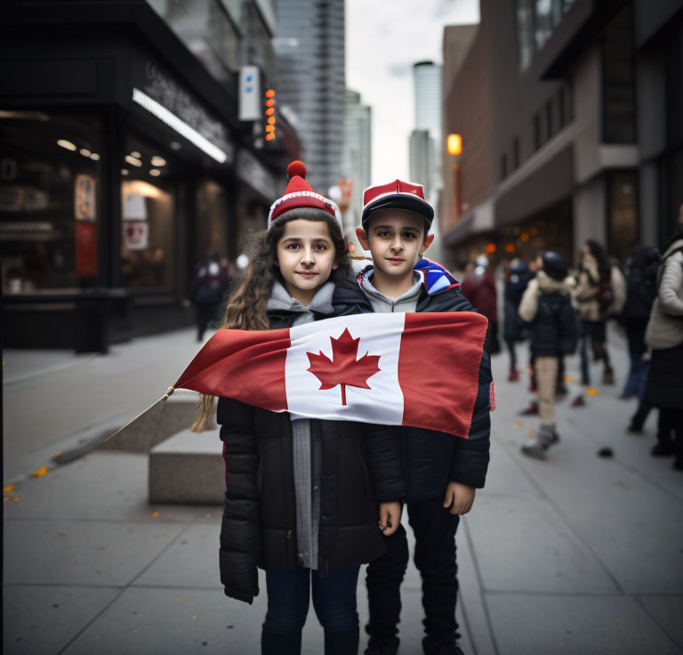 Children with Canadian flag on city street showcasing national pride