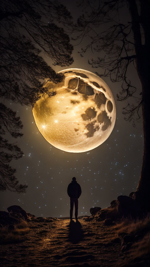 Person standing on path under night sky with enormous full moon and tree silhouettes.