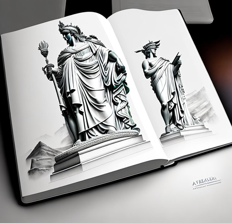 Open book with grayscale Statue of Liberty illustrations on black background