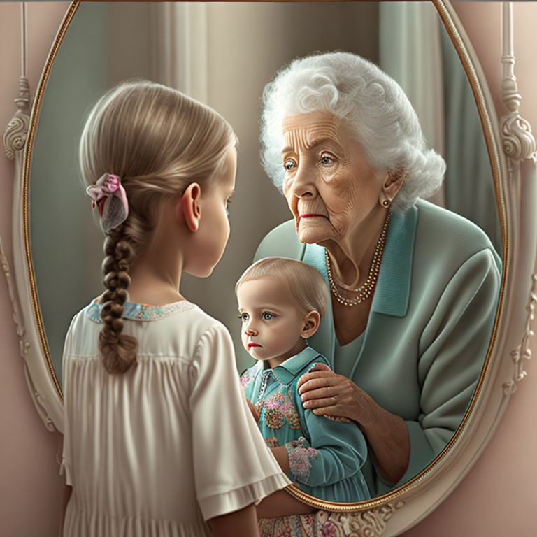 Reflection of young girl with braid and older woman hints at aging metaphor