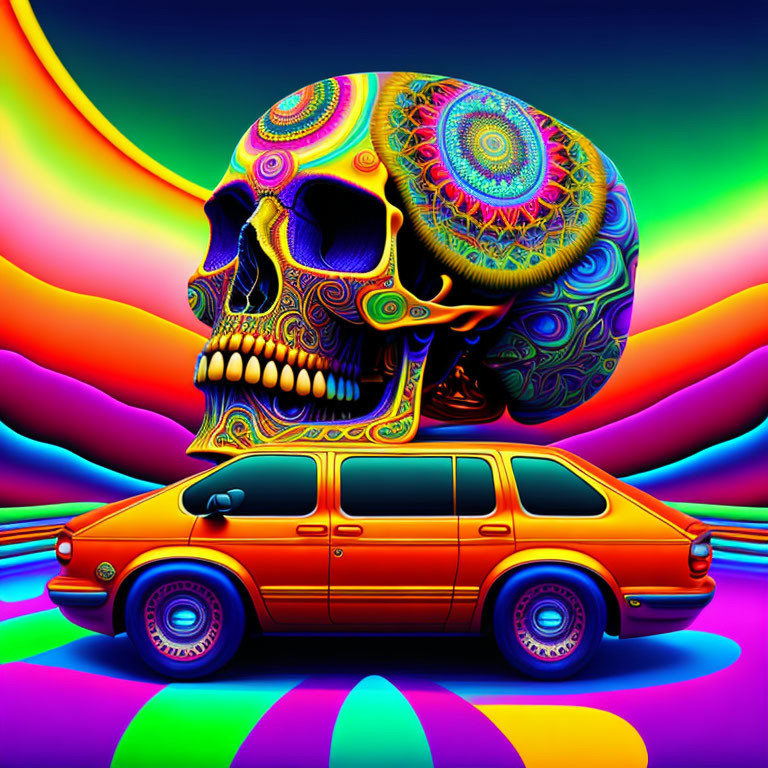 Vibrant colored skull and psychedelic vehicle on surreal background