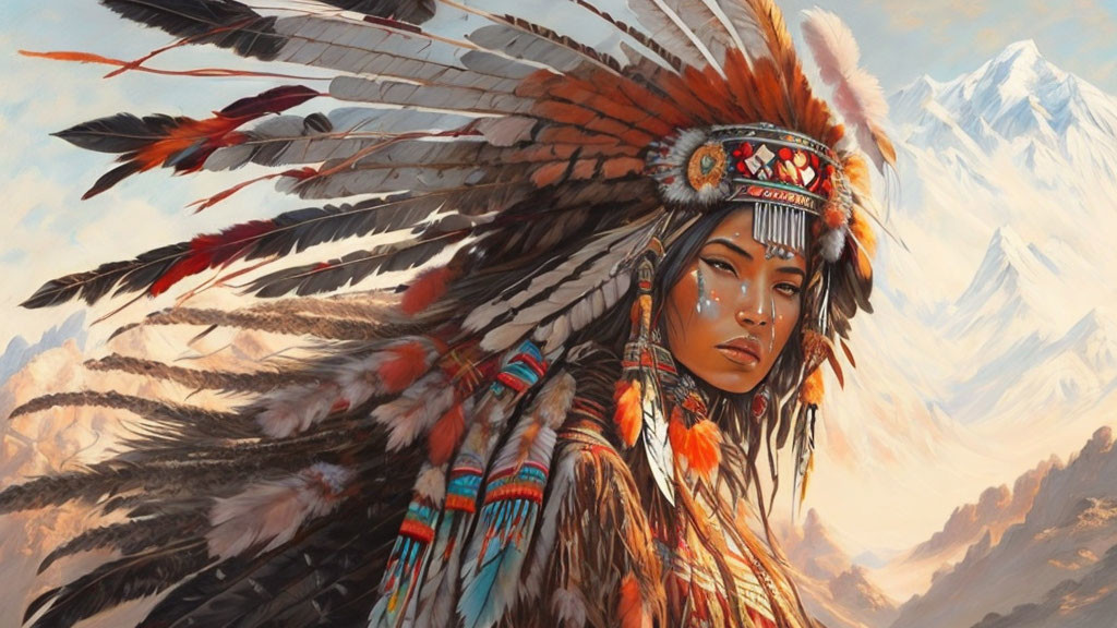 Digital artwork woman with Native American headdress against mountain backdrop