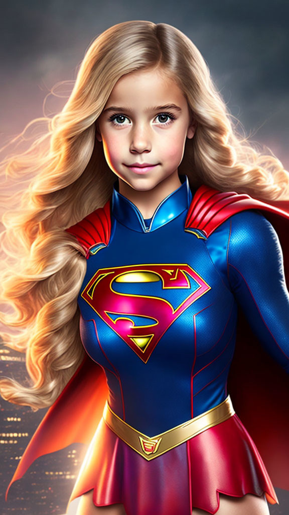 Young girl in Supergirl costume with 'S' shield, red cape, and golden hair